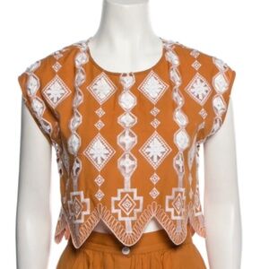 Miguelina cropped embroidered lace terracotta top